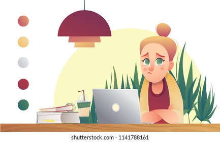 Girl sad study notebook. Flat school and university vector character in minimalist interior on white backdrop. Cartoon character teenage design.
