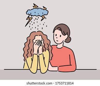 A girl is sad and a woman is comforting her. hand drawn style vector design illustrations. 