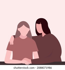 The girl is sad, the woman comforts her with hugs and conversations. Support. A mother supports her daughter during a difficult period. Vector flat illustration