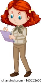 Girl in safari outfit writing note on white background illustration