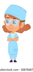 Girl In Safety Goggles. Scientist Kid In Plastic Glasses