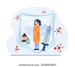 Girl in safety shield protecting her from measles. Vector illustration, Vaccine ampoules and syringe. Vaccinating children against measles concept