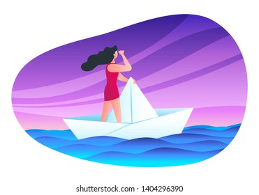 Girl sailing on a paper ship. Time to hope concept. Modern vector illustration