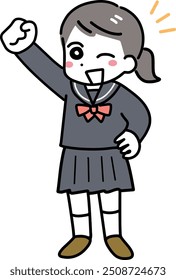 A girl in a sailor suit doing a fist pump