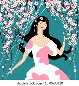 girl and Sakura. vector background with the image of a young girl and cherry flowers