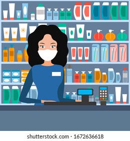 girl salesman with a medical mask on her face. vector illustration. cosmetics stores.