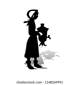 Girl with samovar in hands, silhouette-character on white background, vector