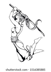 Girl samurai in a decisive jump