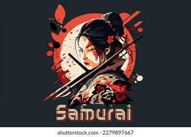 Girl samurai vector illustration for t-shirt design