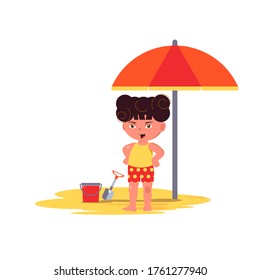 Girl in a sandbox on a background of an umbrella from the sun and toys. The concept of an active lifestyle and recreation for children. Vector illustration on a colored background. Flat design.
