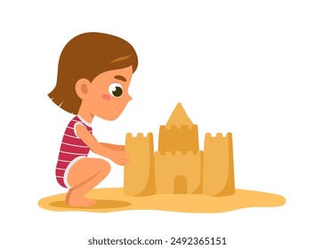 Girl with sandcastle. Child on beach builds building out of sand. Leisure and recreation in tropical countries. Holiday and vacation. Schoolgirl at beach. Flat vector illustration