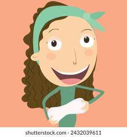 Girl with a sanitary pad in hands. First menstruation period. Vector Illustration