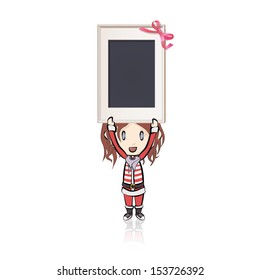 Girl with Santa Claus costume holding a empty frame. Vector design 