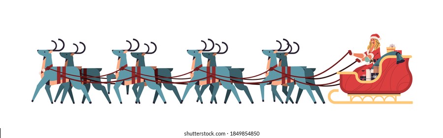 girl in santa claus costume riding sledge with reindeers happy new year and merry christmas banner holiday celebration concept horizontal vector illustration