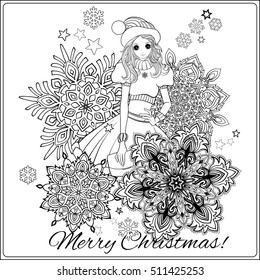 Girl in the of Santa Claus costume and Santa's helper's hat with a snowflakes . Coloring book for adult. Outline drawing coloring page.