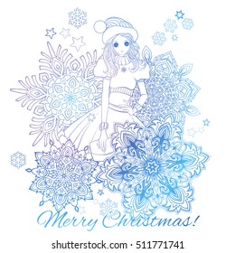 Girl in the of Santa Claus costume and Santa's helper's hat with a snowflakes . This illustration can be used as a print on T-shirts, bags, 