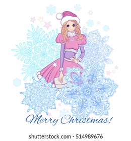 Girl in the of Santa Claus costume and Santa's helper's hat with a snowflakes . This illustration can be used as a print on T-shirts, bags, 