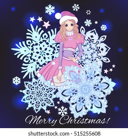 Girl in the of Santa Claus costume and Santa's helper's hat with a snowflakes . This illustration can be used as a print on T-shirts, bags, 