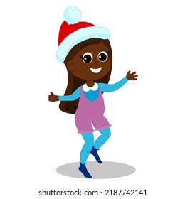 A girl in a Santa Claus hat and overalls is jumping. The child is happy and smiling. Character design isolated on white background.