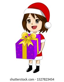 The girl in the Santa Claus outfit is giving a gift box wrapped in purple paper with a star pattern. And tied with a beautiful yellow ribbon.