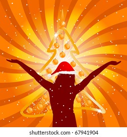 Girl with Santa hat and abstract orange Christmas tree