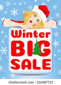 Girl in Santa hat. Big sale. Christmas.