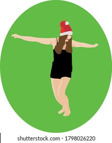 Girl in the Santa hat happily spreads her arms to the sides. Green background
