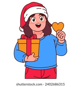 A Girl in a Santa hat holding a Christmas gift