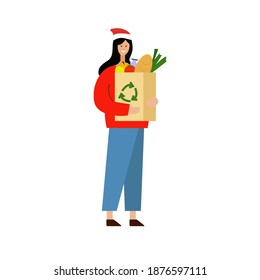 Girl in santa hat with shop bag isolated on white Vector illustration in flat style 