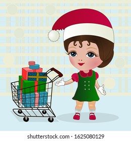 girl in a santa hat stands near a supermarket trolley full of shopping and smiling, color vector illustration 