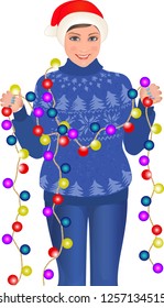 Girl santa hat sweater and jeans holding garland