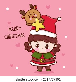 Girl Santa and reindeer Christmas with magic star. X mas card (happy new year kids cartoon) kawaii vector for fairy tale book. Perfect make a wish for celebration party children, princess party.