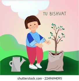 Girl with saplings to plant and garden tools.Tu bishvat. Jewish holiday.New Year for Trees. Vector cartoon doodle illustration