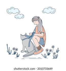 The girl sat down next to the dog and stroked it. Walk in the park with animals vector illustration. Pet walking service concept.