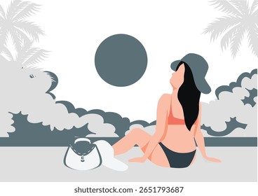 La fille était assise sur la plage dans la chaleur, les vagues scintillantes léchant doucement, le sable chaud sous elle, le soleil flambant au-dessus, une figure solitaire au milieu de l'océan et du ciel vaste.