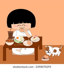 A girl sat on a brown seat after meditating as she meditated. Food appeared right in front of her and her dog.