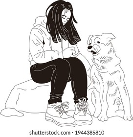 Girl Sat On A Rock With Her Dog. Vector Art. Illustration.