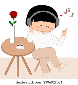 A girl sat on a round chair wearing a shirt and pants, with her arm resting on a table. She held a vase of red roses and a cup of coffee while listening to music on her headphones.