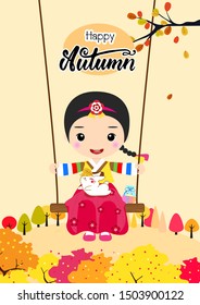 The girl sat on the swing.Autumn, top view, beautiful