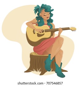 Girl Sat Playing Guitar Vector Illustration