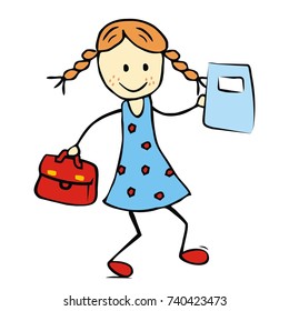 girl with satchel and exercise book, vector illustration