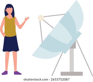 A girl with satellite antenna stands tall, her head crowned with delicate metal spikes reaching towards the sky, blending nature and technology in a surreal, futuristic tableau