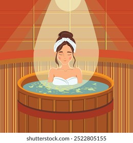 The girl in the sauna. Spa in an oak barrel