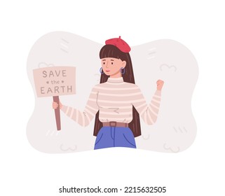 A girl at a Save Earth rally. Vector illustration of a cartoon. Concept of global warming and climate change.