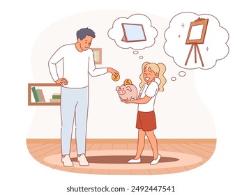 Girl saves money. Dad helps daughter collect coins, parent puts cent in piggy bank, kids pocket expenses, financial literacy, cartoon flat isolated vector commercial education concept