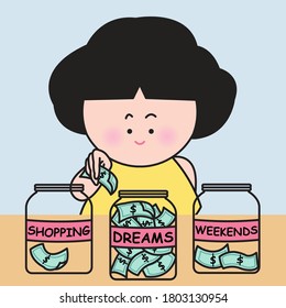 Girl Saving Large Amounts Of Money In A Jar Of Dreams. Character illustration Card Concept.