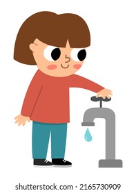 Girl saving water icon. Cute eco friendly kid. Child turning of the water tap. Earth day or healthy lifestyle concept
