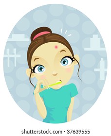 Girl saw pimple on her face. EPS. Full editable.