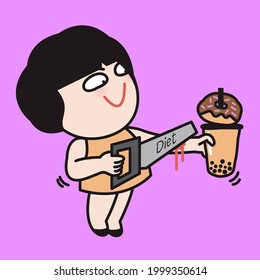 Girl With Saw And Text Diet On It Is Cutting Her Own Hand That Holding A Glass Of Bubble Milk Tea Concept Card Character illustration
