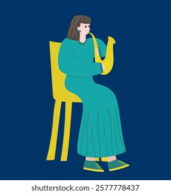 Girl saxophonist sitting on a chair and playing. Hand drawn cartoon style